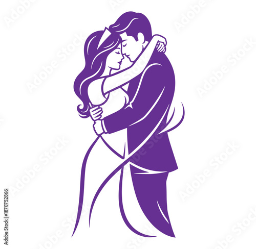 Purple illustration of a man and woman hugging each other tightly in love and affection  romantic couple silhouette