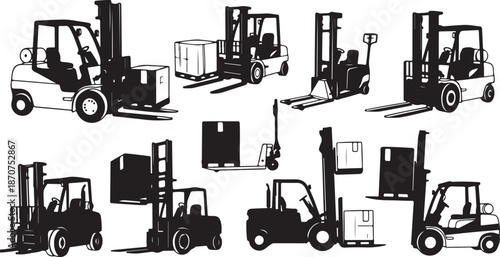 Forklifts in Various Positions and Settings Silhouette