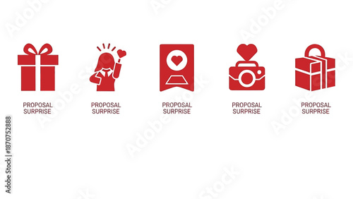 Set of red icons representing surprise and gift giving.