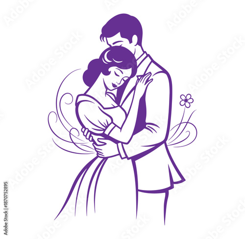purple illustration of a man and woman embracing each other tightly in love