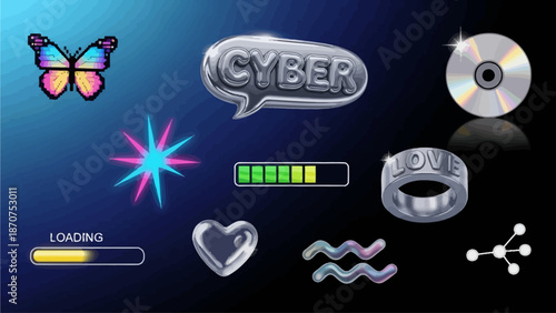 Cyber elements and graphical user interface elements displayed on a digital screen with a futuristic aesthetic
