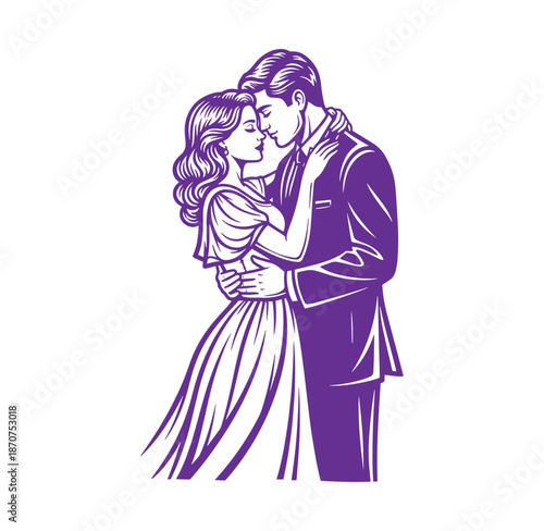 purple illustration of a romantic couple embracing and looking into each others eyes closely