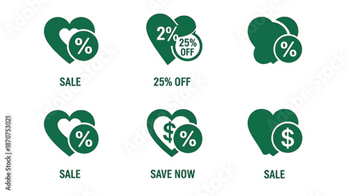 Collection of green heart icons with discount symbols for sale promotions.
