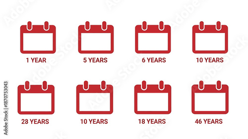 Red calendar icons with different year labels on white background.