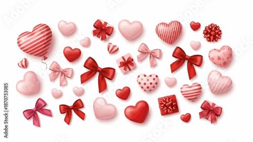 Collection of various red and pink hearts and bows on a white background