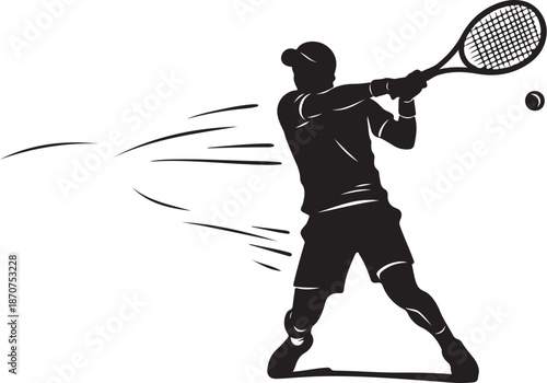 Tennis player in action hitting a ball hard