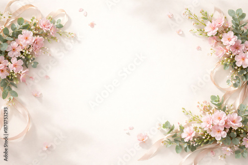 Elegant floral frame with soft pink flowers and ribbons on light background,Generative ai