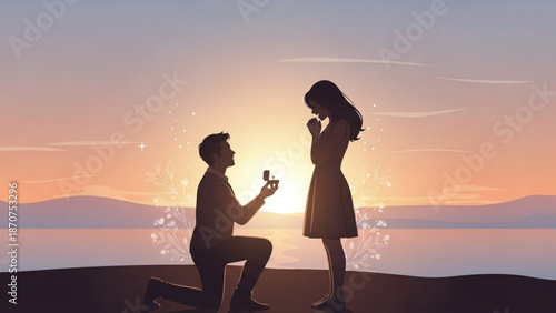 Man Proposing to Woman on One Knee at Sunset by the Sea