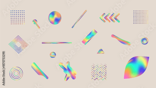 A collection of holographic shapes and graphics displayed on a neutral background from a straightforward viewpoint.