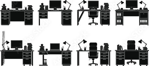 Office desk workspace icon set, modern workstations with computer, chair, lamp, books, home and corporate office silhouettes