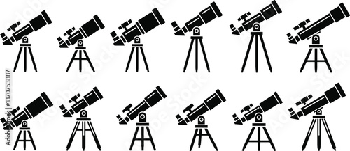 Telescope icon set, astronomy observation equipment, space science tools, optical instruments on tripod, black silhouette vector illustration
