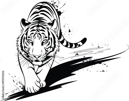 Dynamic tiger stride black and white illustration