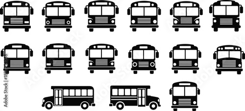 School bus icon set, public transport vehicles, city transit, passenger bus silhouettes, transportation symbols, vector illustration