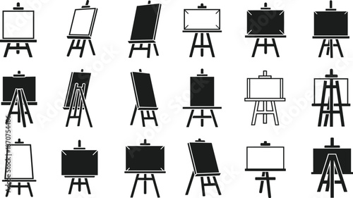 Artist easel line icons set, canvas stand, painting display, art studio equipment, creative tools, outline vector illustration