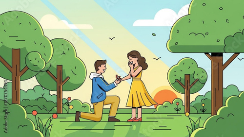 Man Proposing to Woman in Yellow Dress during Sunset in Cartoon Park