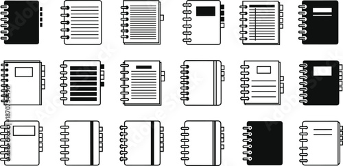 Notebook line icons set, spiral notebook covers, notes, planner, diary, office stationery, education, outline vector illustration