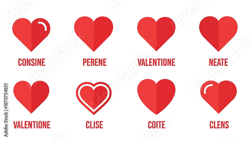 Collection of red heart icons with different designs and labels.