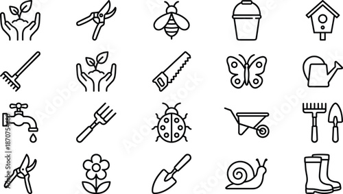 Gardening line icons set, plants, tools, insects, watering, eco care, nature, farm equipment, outline vector illustration
