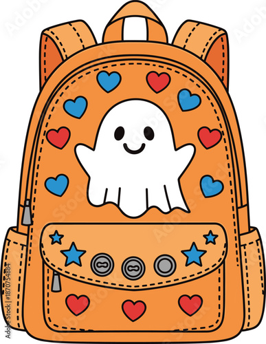 Cartoon ghost backpack with hearts and stars, festive school bag icon, playful kids accessory, flat vector illustration