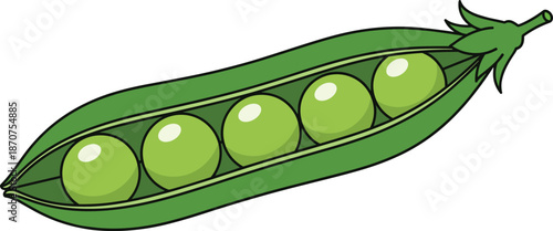 Cartoon pea pod with five peas, green vegetable icon, nutrition symbol, agriculture graphic, playful food design, flat vector illustration