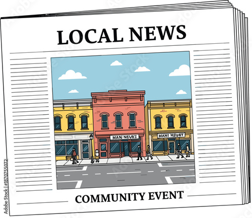 Local news front page, community event headline, vibrant street scene, neighborhood buildings, journalism icon, flat vector illustration