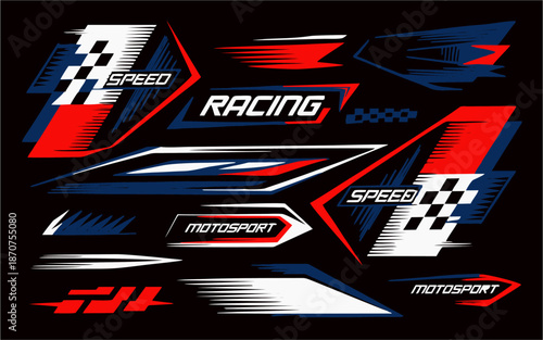 Bold racing-themed vector decals with dynamic lines, checkered flags, and speed text. Stylized graphics for motorsport branding, vehicle stickers, and adrenaline design themes.
