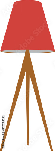 Modern floor lamp silhouette, red conical shade, tripod base design, minimal home decor icon, flat vector illustration
