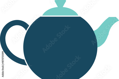 Modern teapot silhouette, dark blue body, teal spout and lid, minimalist kitchenware icon, flat vector illustration