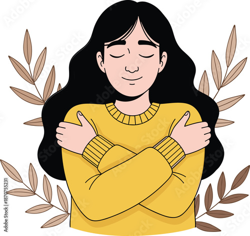 Self-care illustration, person hugging self, emotional wellness icon, calm expression, leafy support motif, mental health graphic, flat vector design