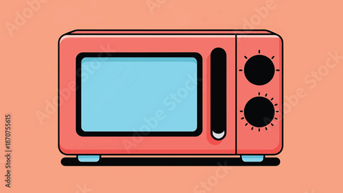 Pink microwave oven with blue screen and black knobs