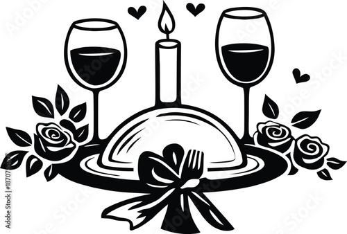 Romantic dinner silhouette with wine glasses candle and roses for valentines day and anniversary concept.