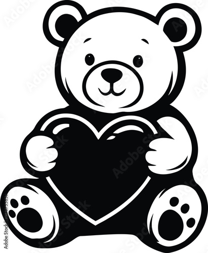 Cute teddy bear silhouette holding a big heart, romantic Valentine's Day gift concept vector icon.