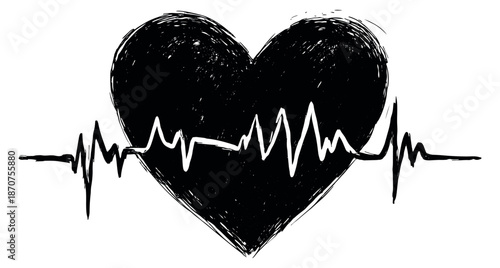 Hand drawn grunge illustration of a heart depicting a heartbeat line for medical and emotional concepts