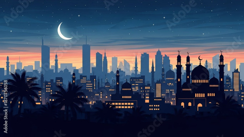 Dubai City Skyline with Mosque at Dusk under Crescent Moon