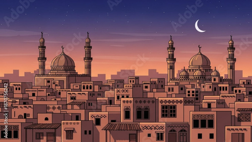 Islamic Cityscape with Mosques at Sunset, Crescent Moon in the Sky, Middle Eastern Architecture