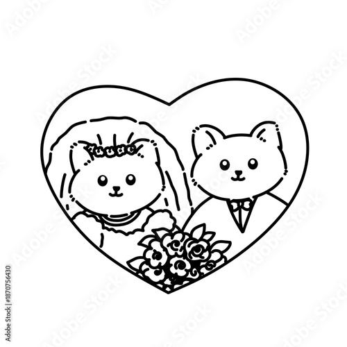 Black and white line art of bride and groom cats inside a heart. Simple romantic illustration ideal for coloring pages, wedding designs, and Valentine graphics.