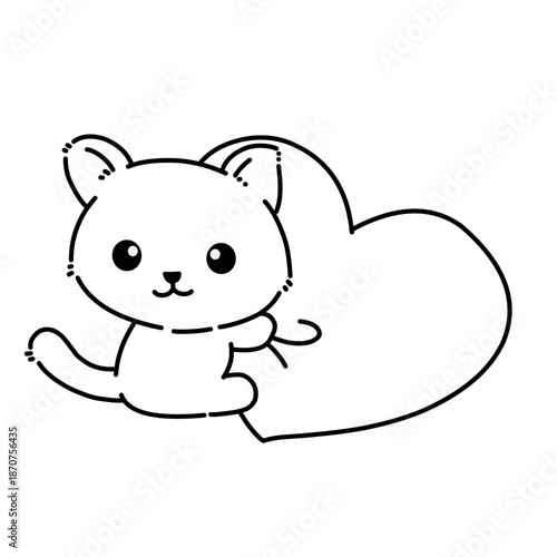 Cute cartoon cat hugging a big heart in simple black and white line art style. Perfect for coloring pages, Valentine’s Day themes, love, and affectionate designs.