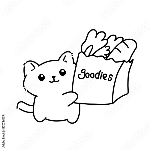 Cute cartoon cat holding a goodies bag in simple black and white line art. Adorable pet illustration perfect for coloring pages, kids activities, stickers, and kawaii designs.