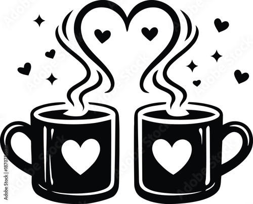 Two coffee mugs with steam forming a heart shape, romantic beverage for valentines day and love concept.
