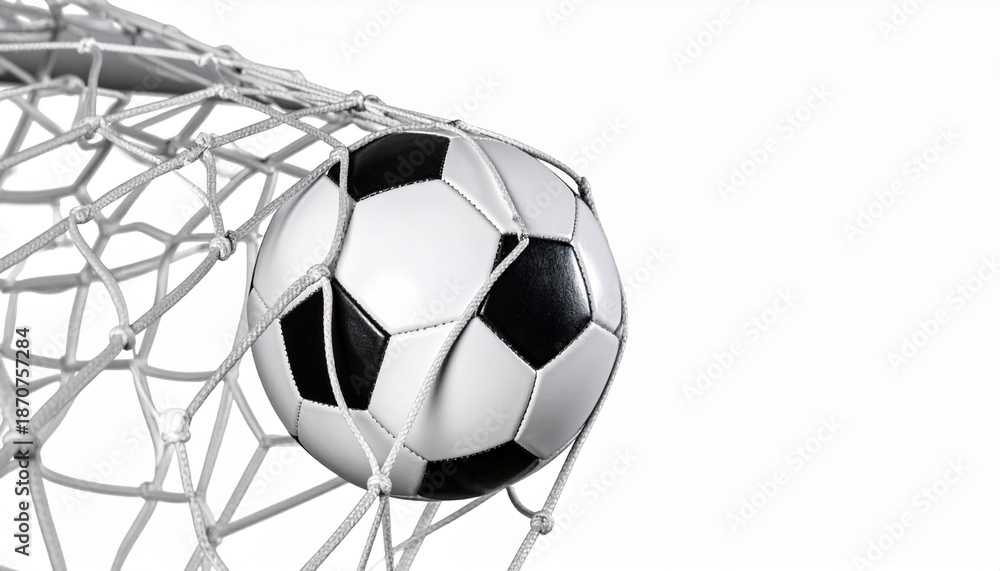 Naklejka premium In close view, the soccer ball bended the net as it soared into the goal. white backdrop