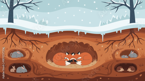 Winter Underground Cross-Section — Chipmunk, Fox, Rabbits, Owl and Kits Sheltering and Storing Food Beneath a Snow‑Covered Tree Stump