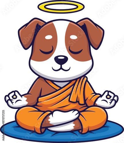 A cute cartoon dog with a golden halo above its head sits peacefully in a meditative lotus position on a blue mat, embodying spiritual tranquility and calm.