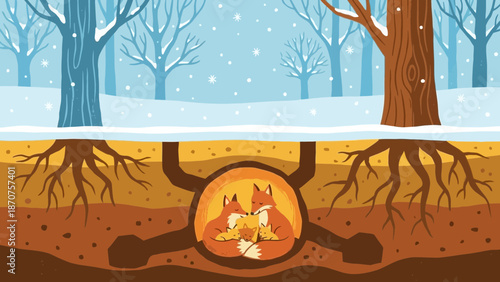 Winter Underground Cross-Section — Chipmunk, Fox, Rabbits, Owl and Kits Sheltering and Storing Food Beneath a Snow‑Covered Tree Stump