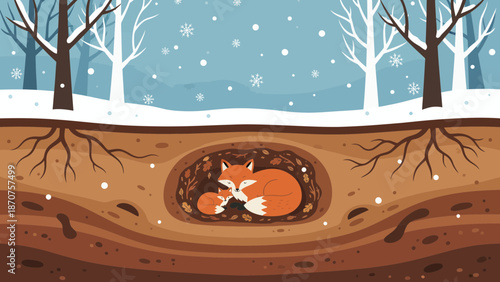 Winter Underground Cross-Section — Chipmunk, Fox, Rabbits, Owl and Kits Sheltering and Storing Food Beneath a Snow‑Covered Tree Stump