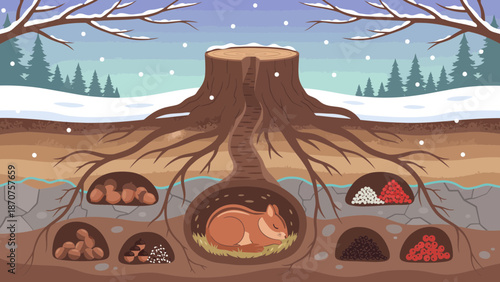 Winter Underground Cross-Section — Chipmunk, Fox, Rabbits, Owl and Kits Sheltering and Storing Food Beneath a Snow‑Covered Tree Stump