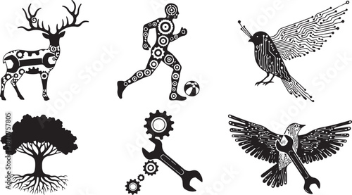 Black and white illustrations of nature and technology mix