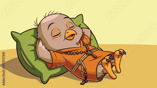 An adorable baby bird monk dressed in an orange robe with prayer beads sleeps soundly on a soft green pillow.