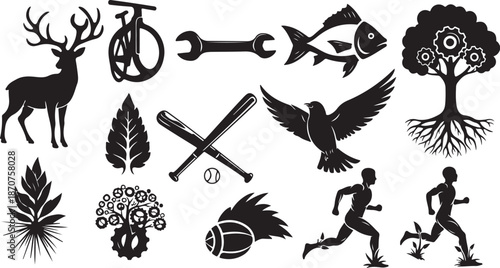 Black Silhouette Icons of Nature and Outdoor Activities
