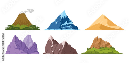 Stylized mountain and terrain vector set featuring volcano, icy peak, sand dune, crystal rocks, rocky mountains, and green hills. Flat cartoon landscape elements isolated on white.