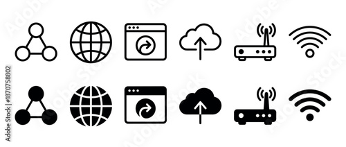 Set of black internet and network icons in two styles, outline and solid fill, showing wifi, router, cloud upload, globe, and connection symbols